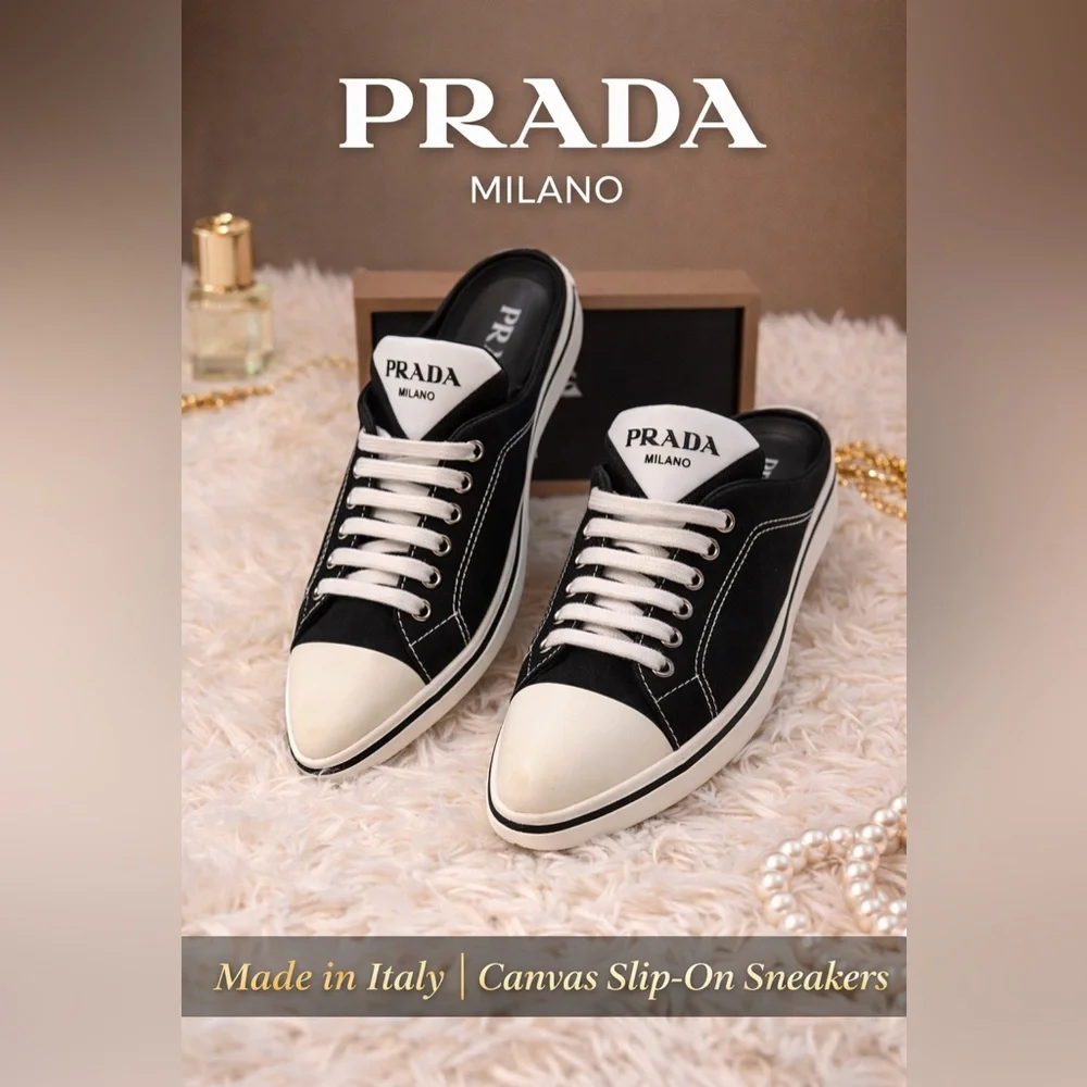 Prada Milano Canvas Sneakers Made in Italy Size 7 Slip-On Mule Style - Picture 2 of 9